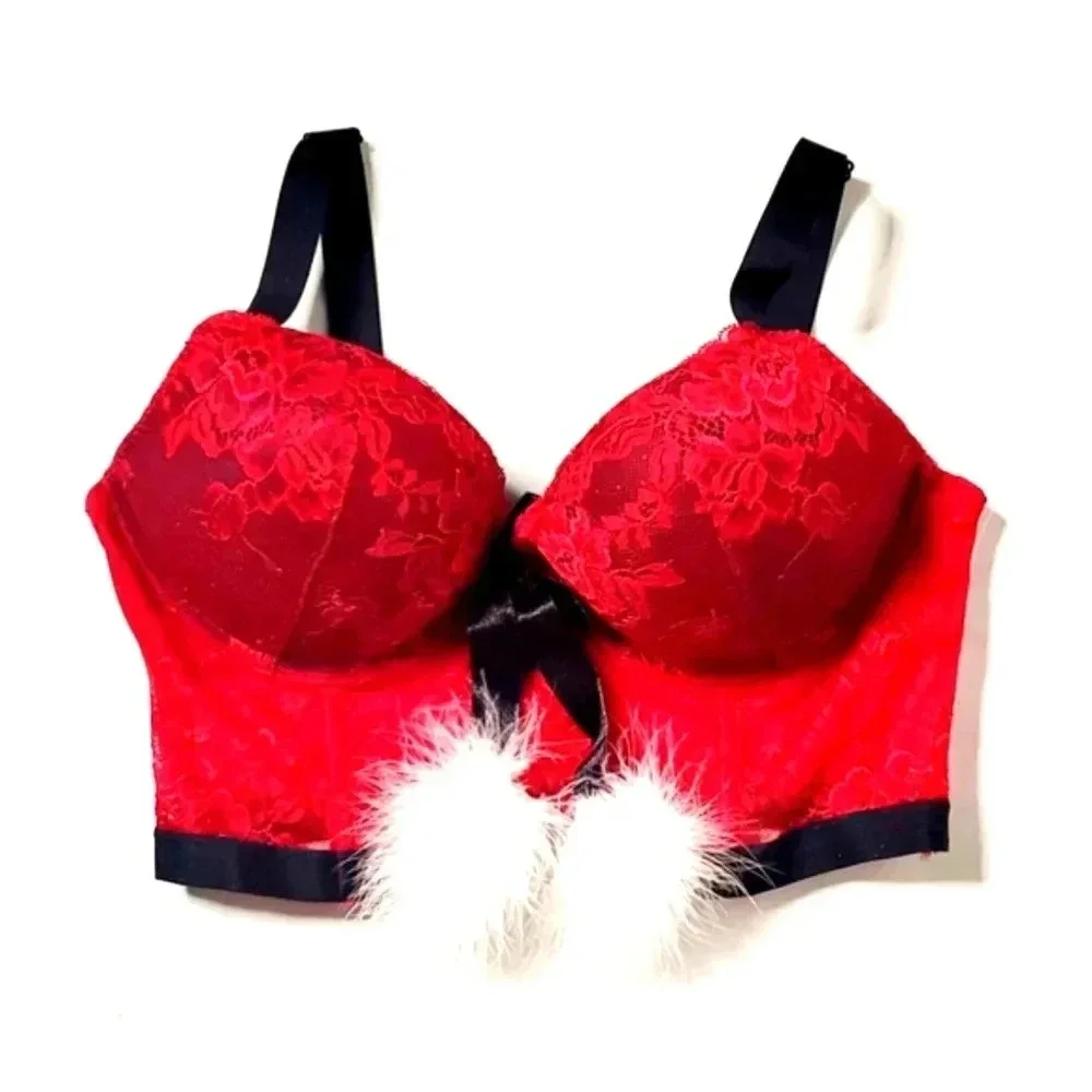 Lasenza Corset Bustier Red Fur Pom pom Sz Medium Black broad adjustable … - Picture 1 of 7